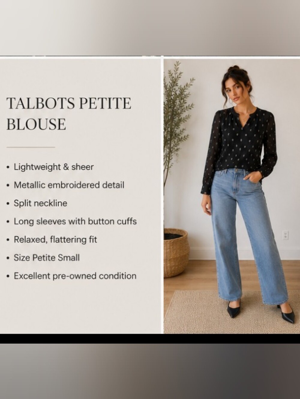 Talbot's Black Heart-Print Long-Sleeve Blouse